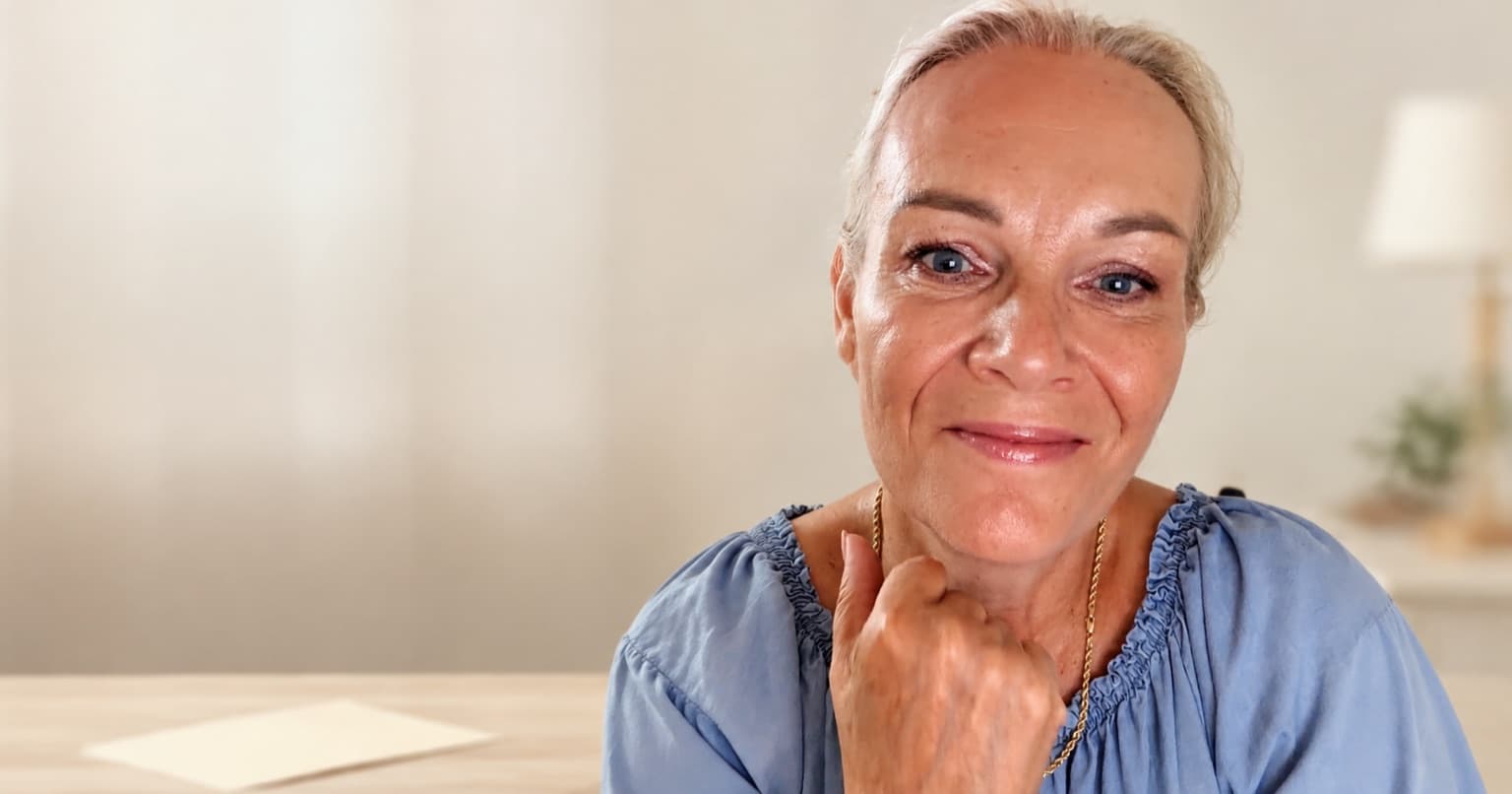 Jarka Matušková sedí u světlého stolu, bradu opřenou o ruku, a s úsměvem se dívá do objektivu.