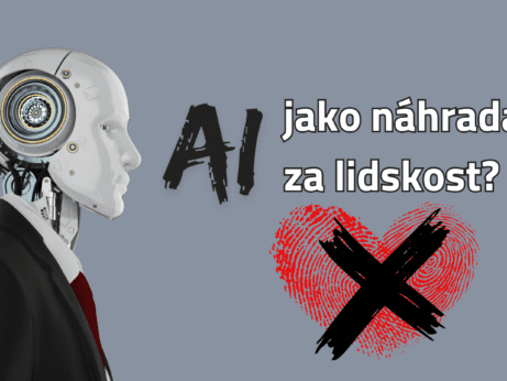 Robot v obleku proti lidskému srdci s otiskem prstu a křížem, text „AI jako náhrada za lidskost?“